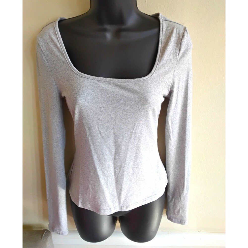 SHEIN Gray Square Neck Long Sleeve Stretch Knit Pullover Small